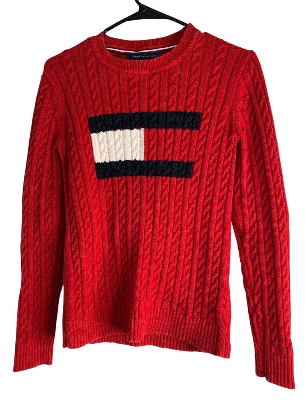 Womens Tommy Hilfiger Red Cable Knit Sweater M Crew Flag Cotton Long Sleeve - Picture 2 of 8